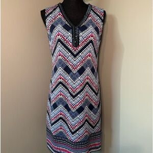 JM Collection Petite sleeveless jersey shift in chevron print with beaded v-neck